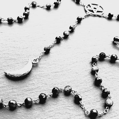 Witchy Gothic Long Rosary Necklace. Long Faceted Black Glass with Silver Pentacle and Crescent Moon