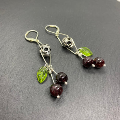 Black Cherry Skull Earrings With Pewter Rose Skulls In Silver - Darkmoon Fayre
