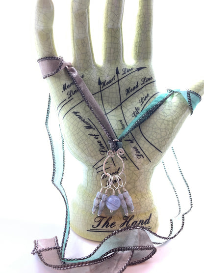 Blue Lace Agate & Glass Owls Knitting Stitch Marker Necklace on Hand Dyed Habotai Silk Ribbon - Darkmoon Fayre
