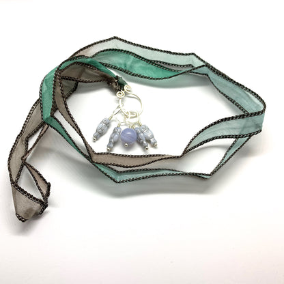 Blue Lace Agate & Glass Owls Knitting Stitch Marker Necklace on Hand Dyed Habotai Silk Ribbon - Darkmoon Fayre