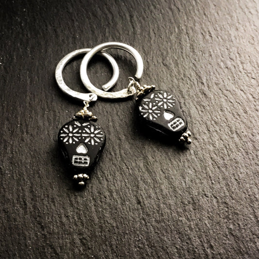 Sugar Skull Earrings for Stretched Ears. Black & White Matte Glass Skulls. Hand-forged Ear-Wires - Darkmoon Fayre