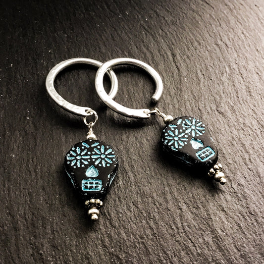 Sugar Skull Earrings for Stretched Ears. Black & Turquoise Matte Glass Skulls. Hand-forged Ear-Wires - Darkmoon Fayre