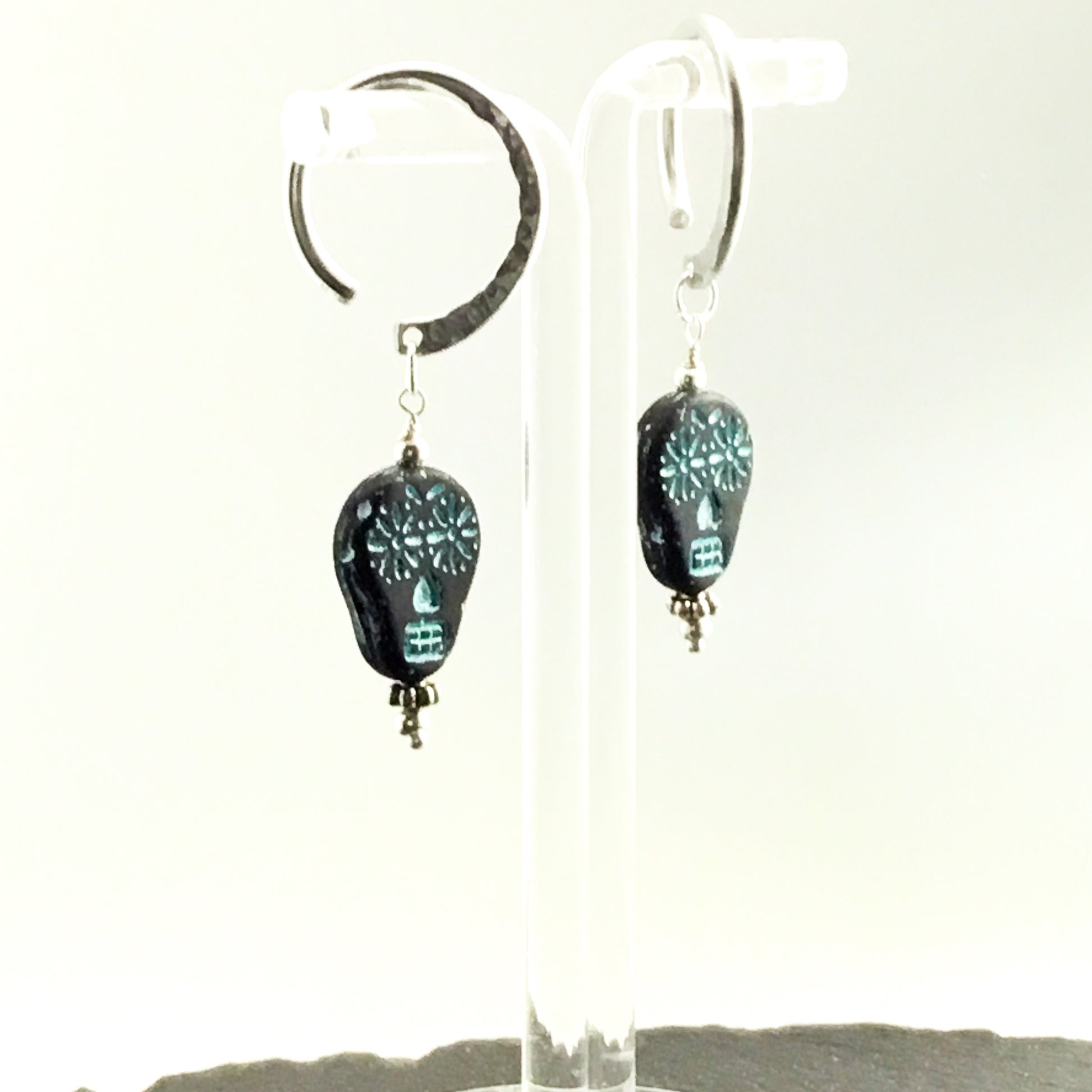 Sugar Skull Earrings for Stretched Ears. Black & Turquoise Matte Glass Skulls. Hand-forged Ear-Wires - Darkmoon Fayre