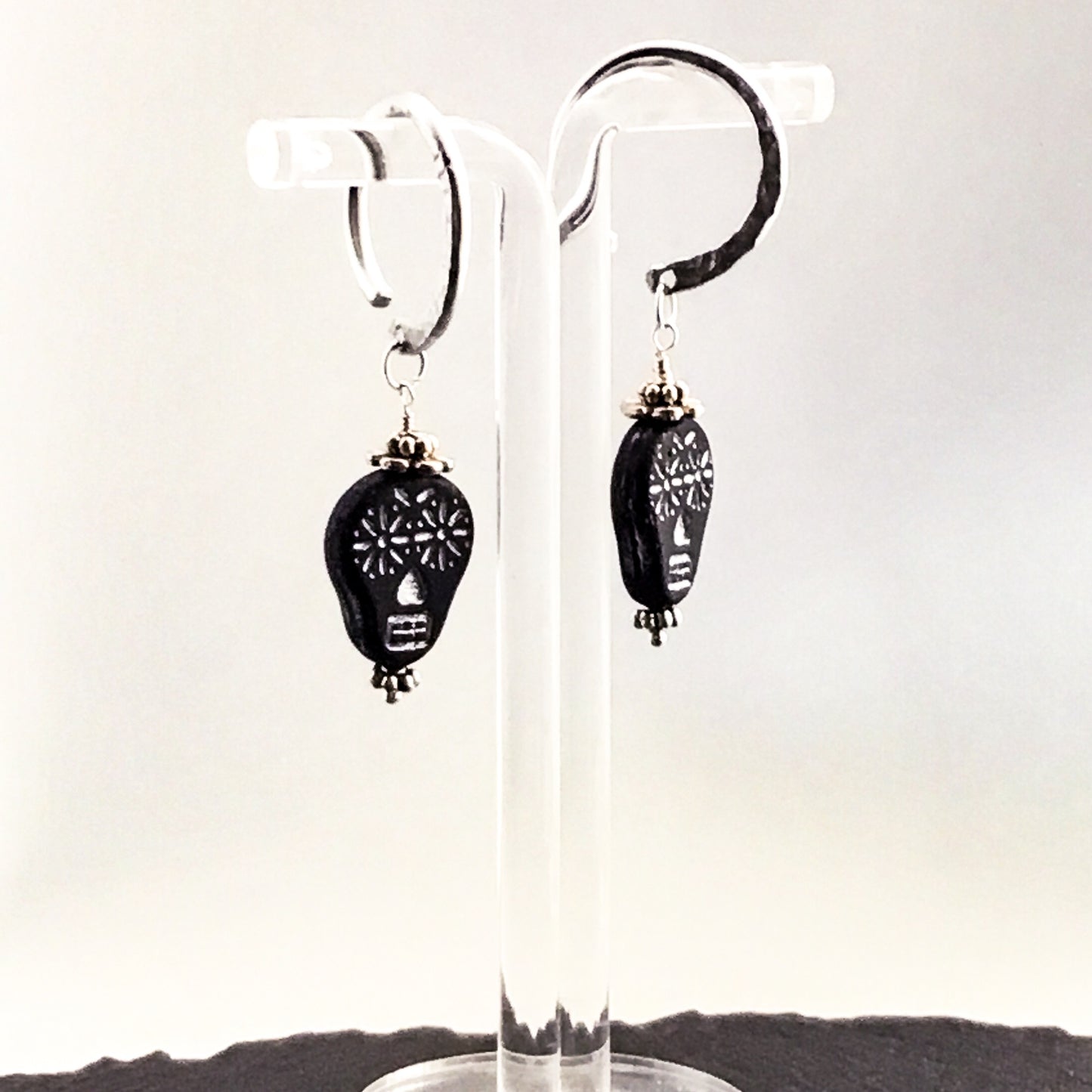 Sugar Skull Earrings for Stretched Ears. Black & White Matte Glass Skulls. Hand-forged Ear-Wires - Darkmoon Fayre