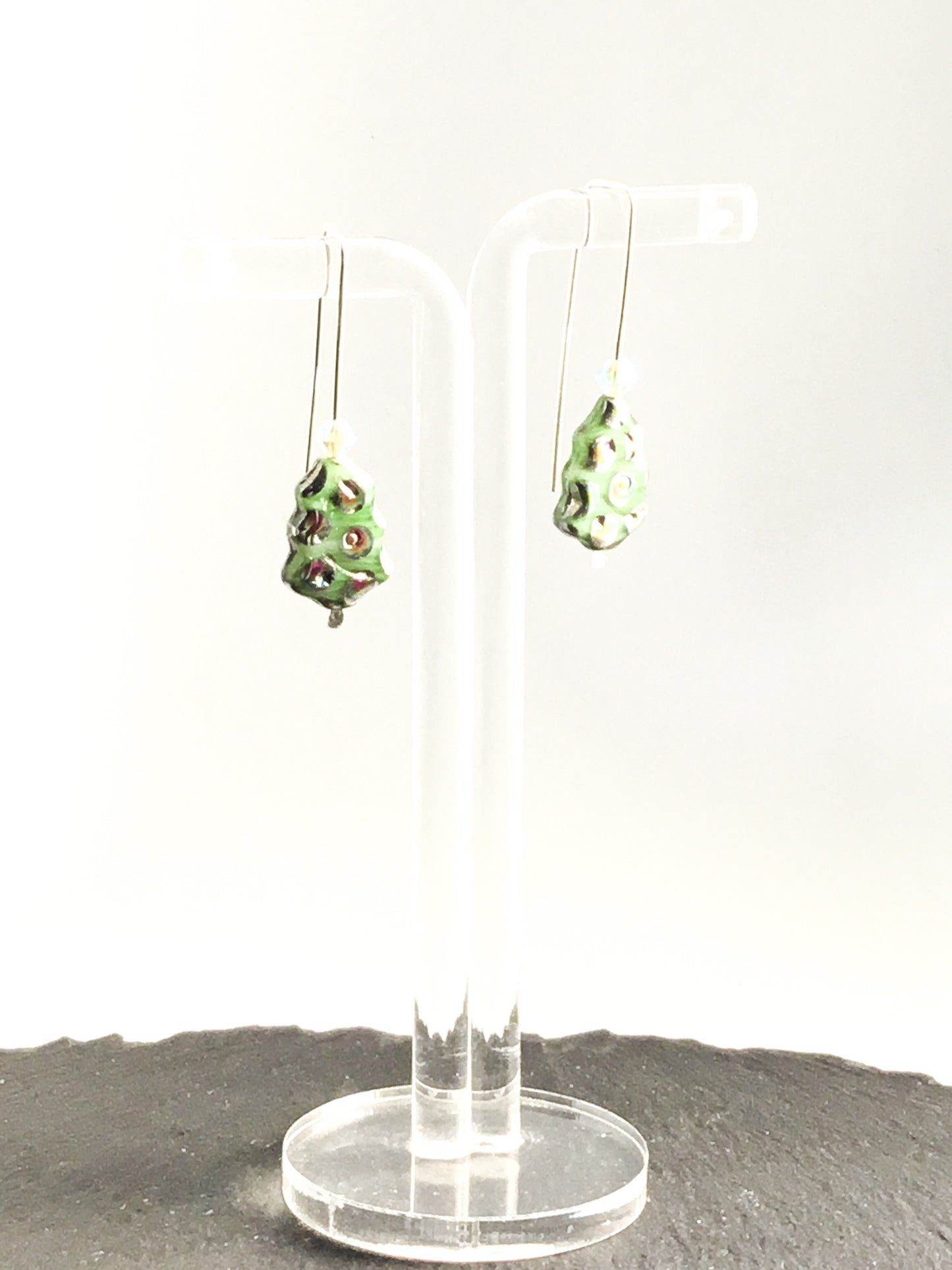 Christmas Tree Earrings. Green Dichroic Glass, Swarovski Crystal. 925 Silver Hand Forged - Darkmoon Fayre