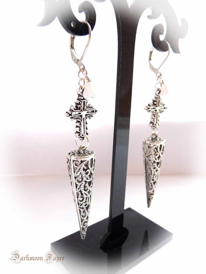 Vampire Hunter Earrings. Filigree Silver Stake. Glass "Garlic Bulbs" & Crosses. Gothic Halloween - Darkmoon Fayre