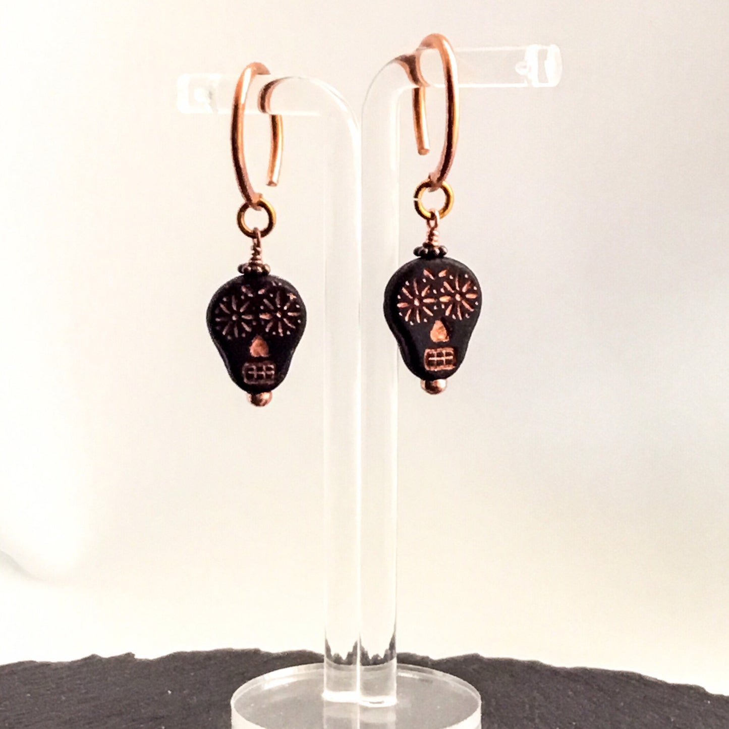 Sugar Skull Earrings for Stretched Ears. Gothic Black Glass Skulls. Hand-forged Copper Ear-Wires - Darkmoon Fayre