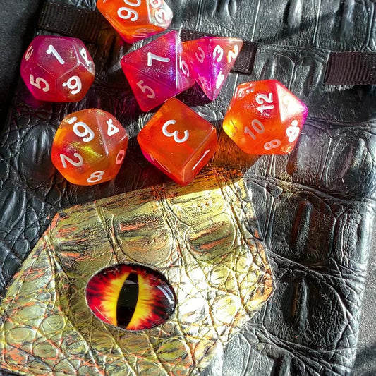 Golden Fire Dragon DnD 7 Dice Set And Hand Painted Dragon Eye Pouch Set In Vegan Leather