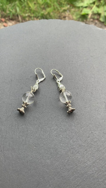 Quartz Crystal Ball Fortune Teller Earrings With Cast Pewter Hands. 925 Silver + Titanium Ear-wire Options