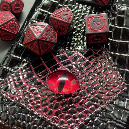 Red And Black Evocation  DnD 7 Dice Set And Hand Painted Dragon Eye Pouch Set In Vegan Patent Leather
