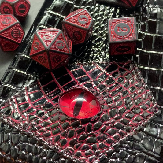 Red And Black Evocation  DnD 7 Dice Set And Hand Painted Dragon Eye Pouch In Vegan Patent Leather