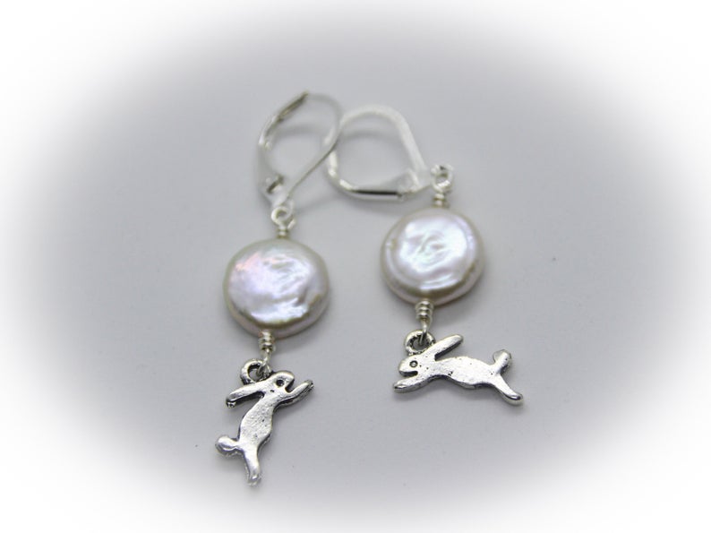 Freyja Pearl Earrings. Tibetan Silver Hares & Freshwater Pearl “Full Moons”. Ostara/Easter Earrings - Darkmoon Fayre