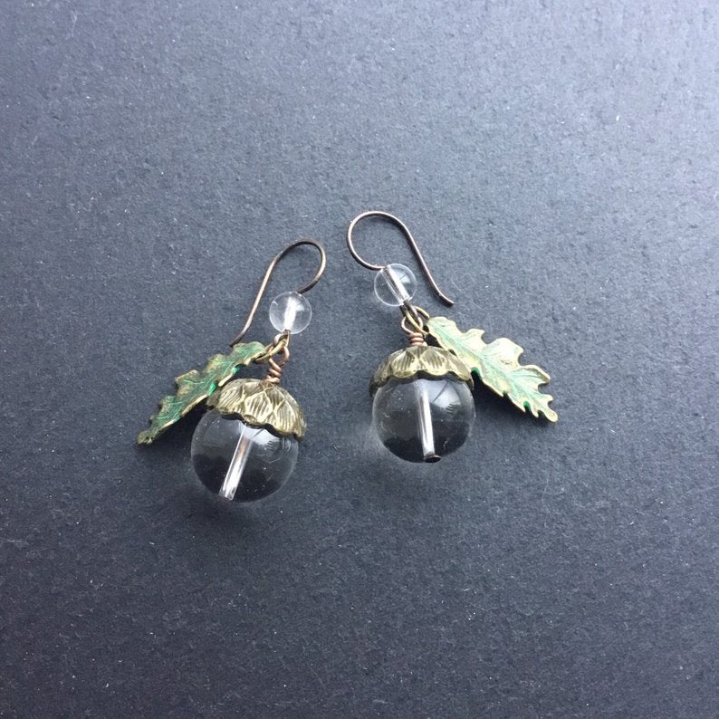 Oak King Acorn Earrings. Clear Quartz Crystal, Antiqued Bronze. Solid Niobium Ear-Wire. - Darkmoon Fayre