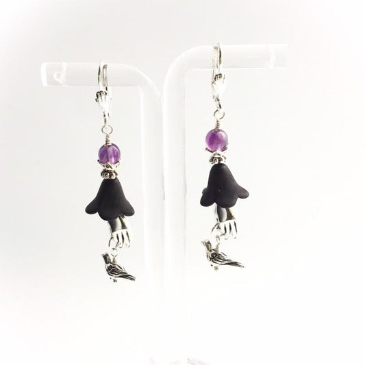 Paloma Bird In The Hand Earrings. Amethyst Beads. Silver Pewter. 925 & Titanium Ear-wire Options - Darkmoon Fayre