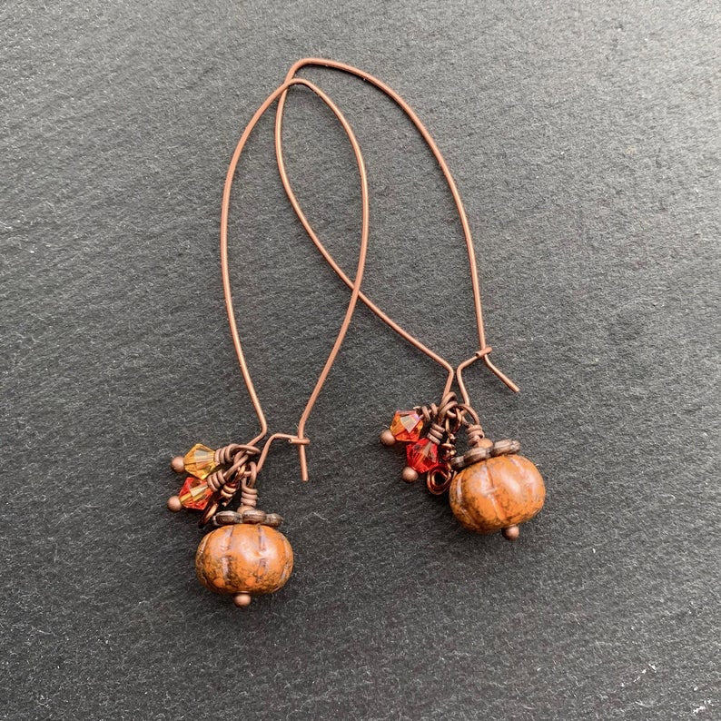 Pumpkin Harvest Earrings. Pressed Czech Glass Orange "Picasso" finish. Antiqued Bronze/Copper Wires - Darkmoon Fayre