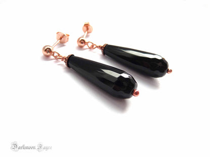 Black Onyx & Rose Gold Earrings. Classic Victorian Style. Ball & Post 9ct Rose Gold on 925 Silver - Darkmoon Fayre