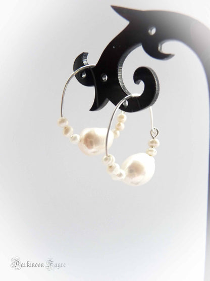 Aphrodite Baroque Pearl, Byzantine Inspired Hoops. All 925 Sterling Silver Hand Forged Ear-wires - Darkmoon Fayre
