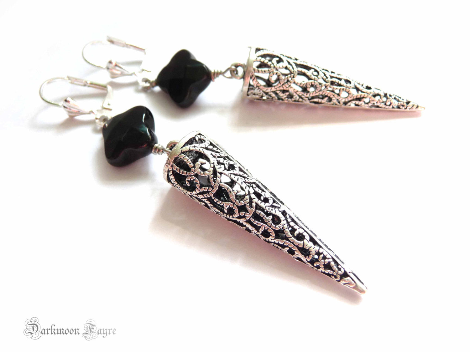 Dragon Glass Earrings. Silver Filigree Pendulum. Black Obsidian. 925 Silver Ear-wire Option - Darkmoon Fayre