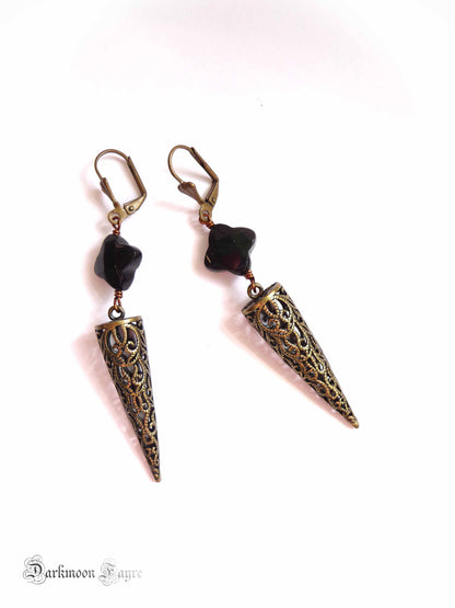 Dragon Glass Earrings. Bronze Filigree Spike/Pendulum. Natural Black Obsidian Volcanic Glass - Darkmoon Fayre