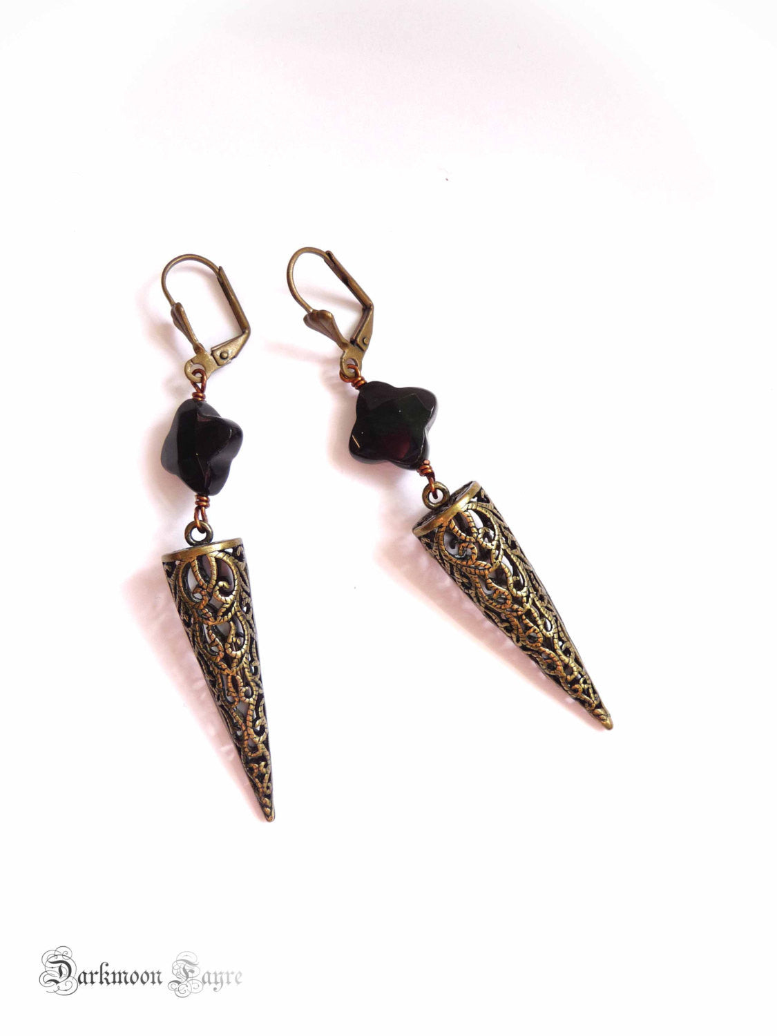 Dragon Glass Earrings. Bronze Filigree Spike/Pendulum. Natural Black Obsidian Volcanic Glass - Darkmoon Fayre