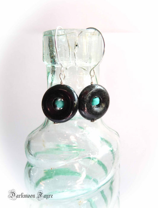Sleeping Beauty Turquoise & Obsidian/Dragon Glass Earrings. 925 Sterling Silver Hand Forged Hoops - Darkmoon Fayre