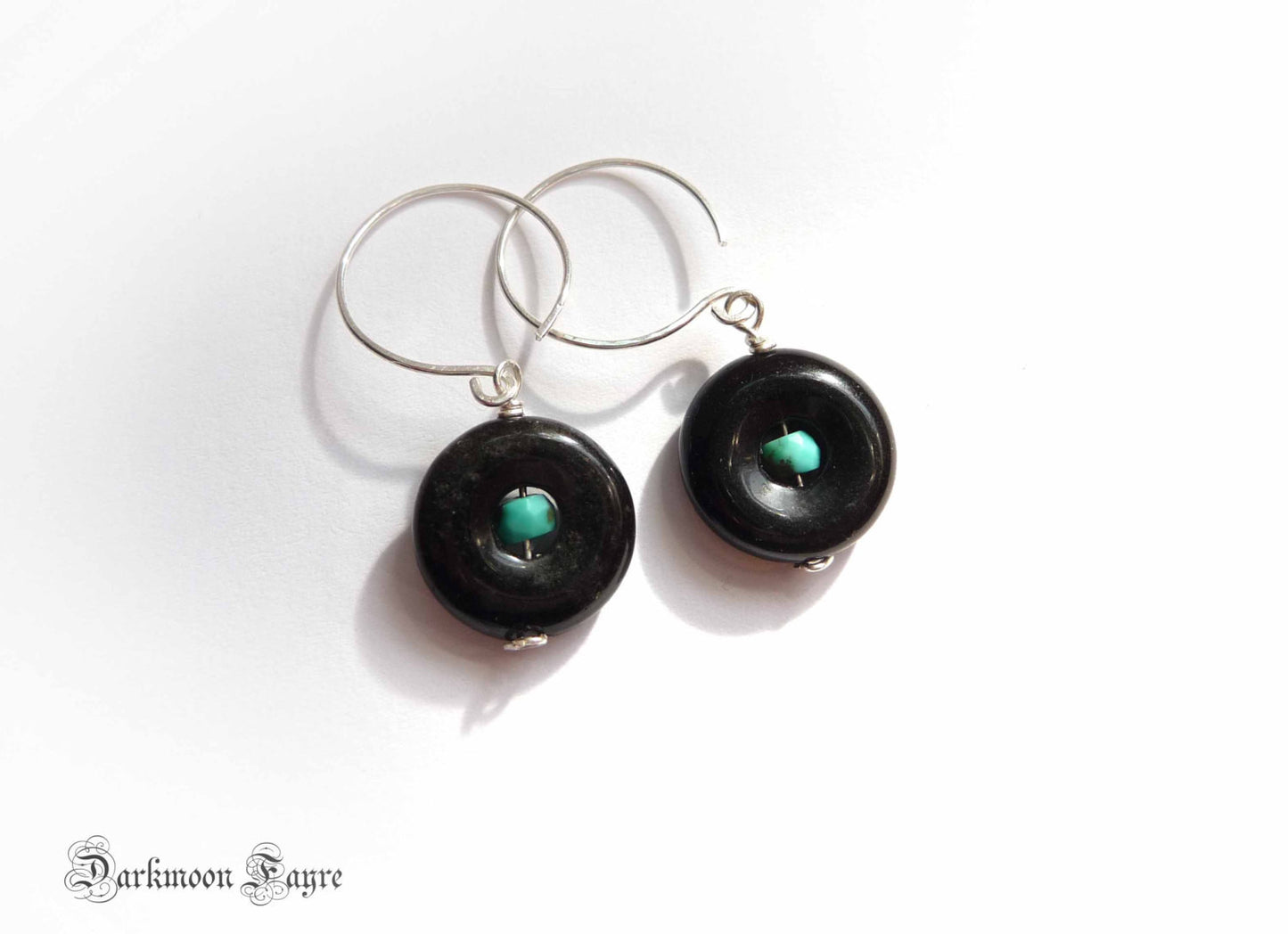 Sleeping Beauty Turquoise & Obsidian/Dragon Glass Earrings. 925 Sterling Silver Hand Forged Hoops - Darkmoon Fayre