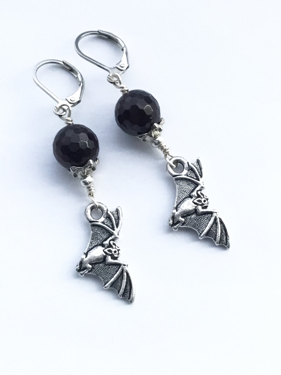 Sanguineous Blood Moon & Flying Pewter Bat Earrings. Garnet Beads. 925/Titanium Ear-wire Options - Darkmoon Fayre