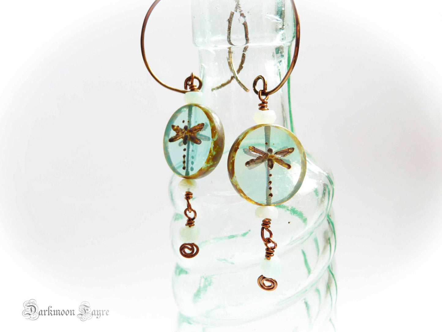 Dragonfly Dreams Hoop Earrings. Peruvian Blue Opal & Picasso Glass. Antiqued Bronze. Niobium Option - Darkmoon Fayre