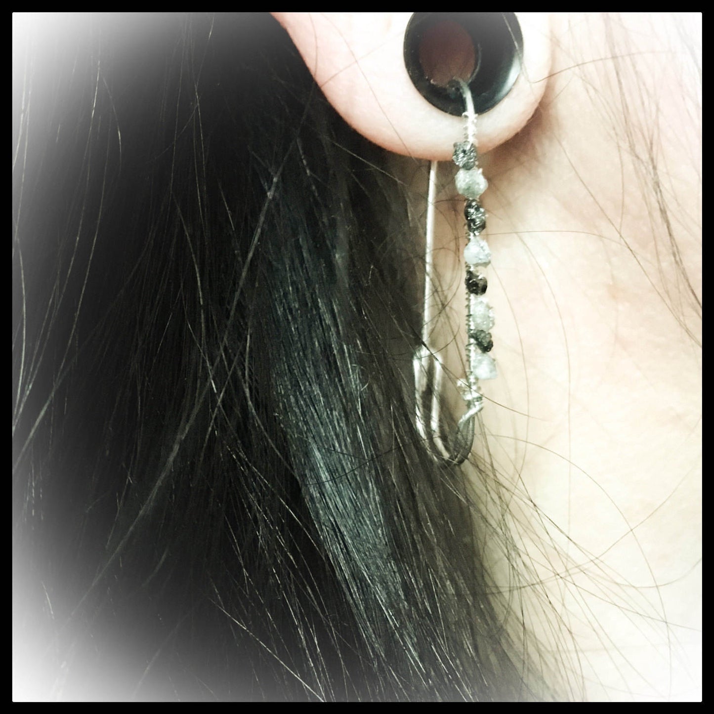 Black & Silver Raw Diamond Nugget Safety Pin (Single) Earring. All 925 Sterling Silver Hand Forged. - Darkmoon Fayre