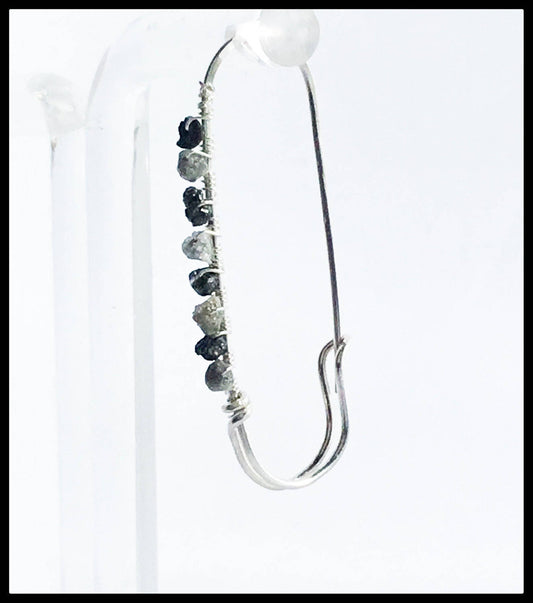 Black & Silver Raw Diamond Nugget Safety Pin (Single) Earring. All 925 Sterling Silver Hand Forged. - Darkmoon Fayre