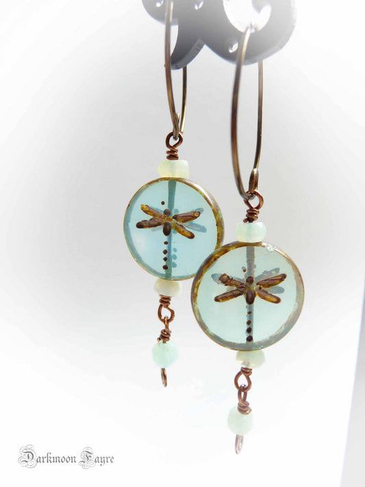 Dragonfly Dreams Hoop Earrings. Peruvian Blue Opal & Picasso Glass. Antiqued Bronze. Niobium Option - Darkmoon Fayre