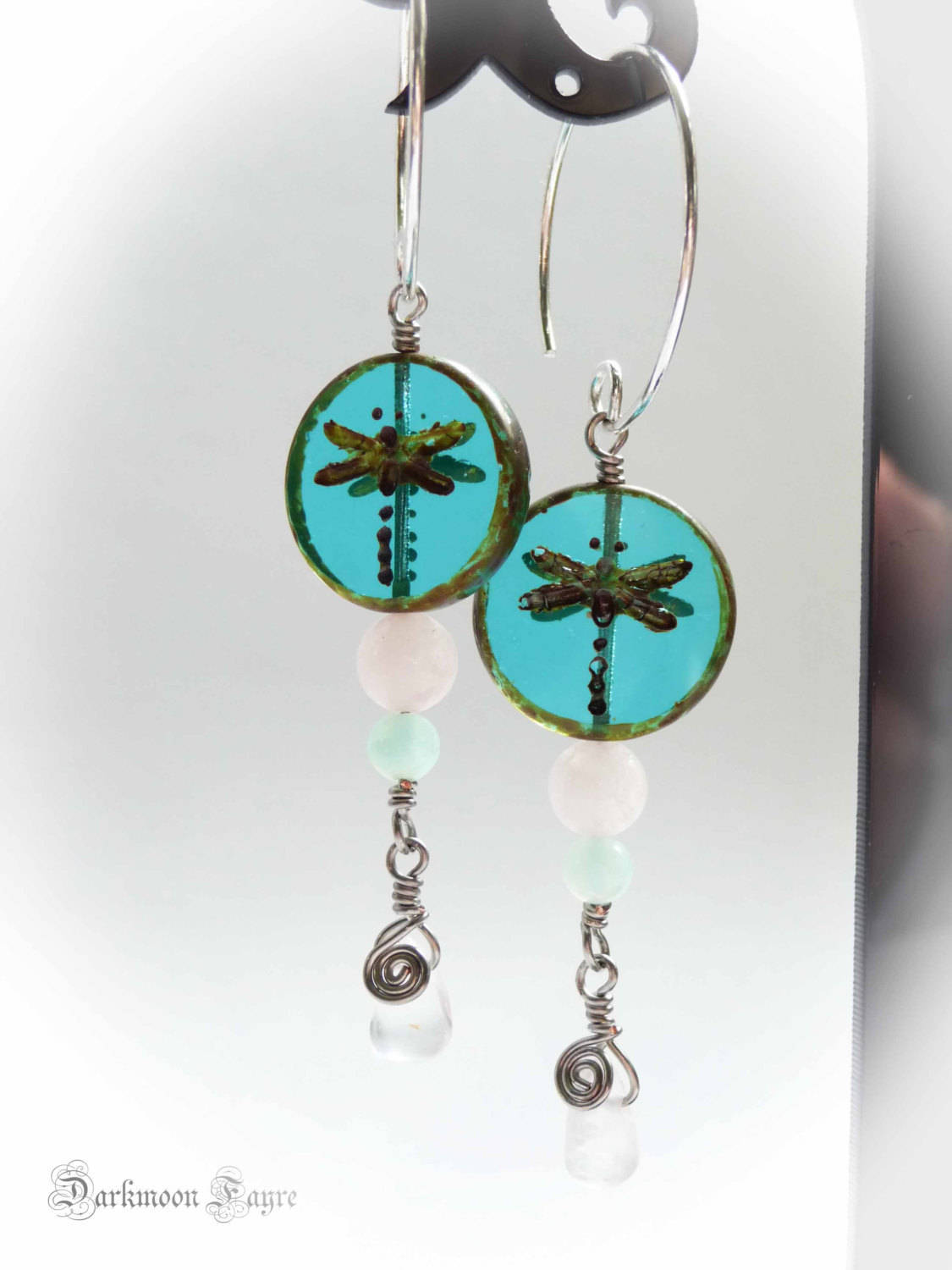 Dragonfly Dream Earrings. African Sky Blue Opal. Rose Quartz. Picasso Turquoise Glass. Silver - Darkmoon Fayre