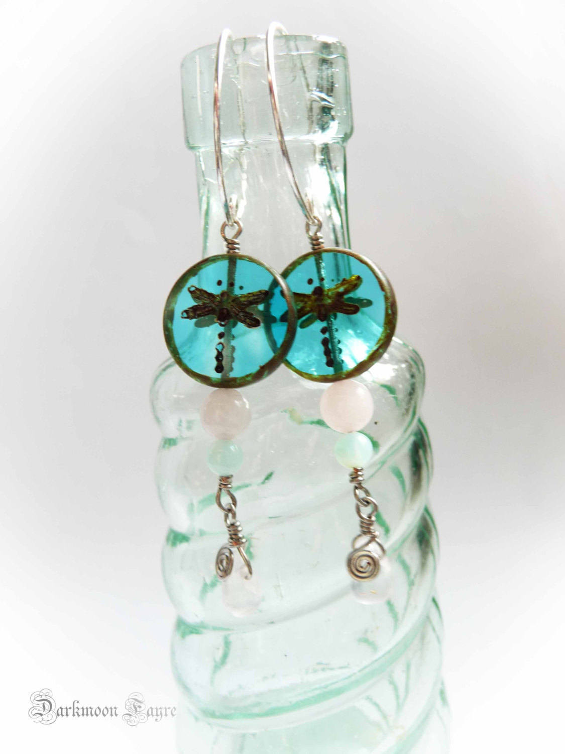 Dragonfly Dream Earrings. African Sky Blue Opal. Rose Quartz. Picasso Turquoise Glass. Silver - Darkmoon Fayre