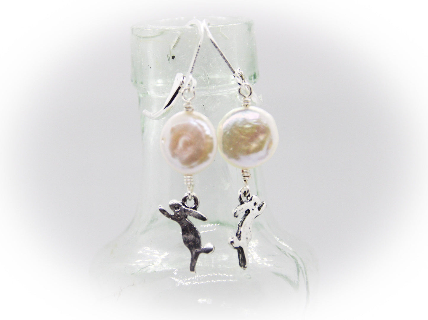 Freyja Pearl Earrings. Tibetan Silver Hares & Freshwater Pearl “Full Moons”. Ostara/Easter Earrings - Darkmoon Fayre