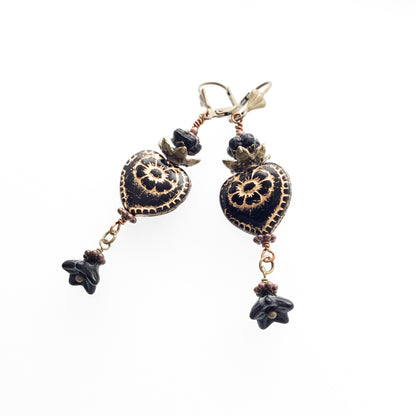 Victorian Valentine Earrings. Black Glass Heart & Flowers. Niobium or Clip-on Ear-wire Options - Darkmoon Fayre