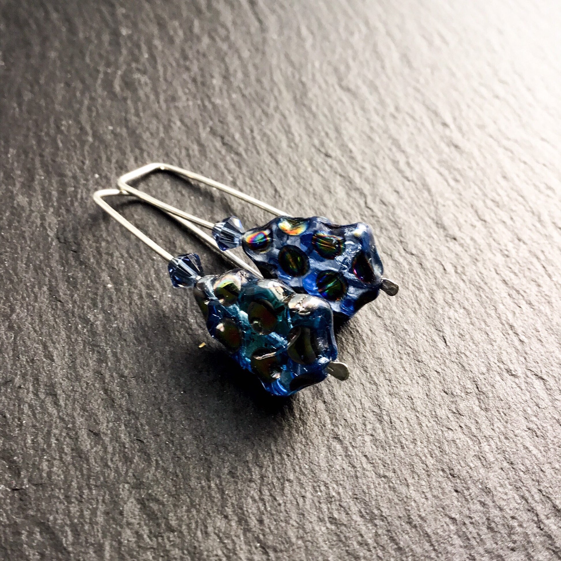 Christmas Tree Earrings. Blue Dichroic Glass, Swarovski Crystal. 925 Silver Hand Forged Ear-wires - Darkmoon Fayre