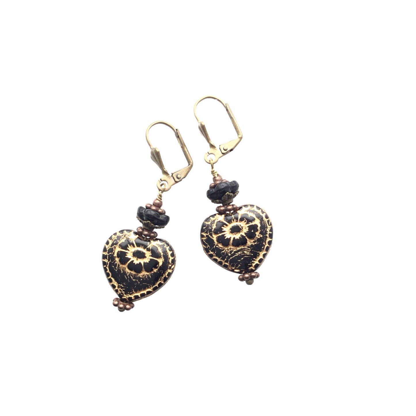 Victorian Valentine Earrings. Pressed Black Glass Heart & Flowers. Niobium Ear-wire Option - Darkmoon Fayre