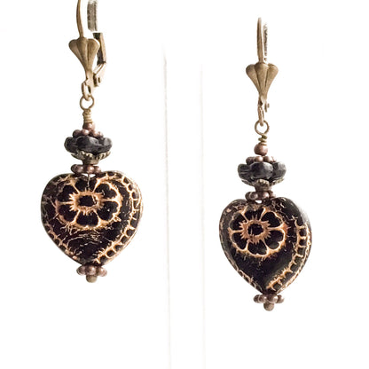 Victorian Valentine Earrings. Pressed Black Glass Heart & Flowers. Niobium Ear-wire Option - Darkmoon Fayre
