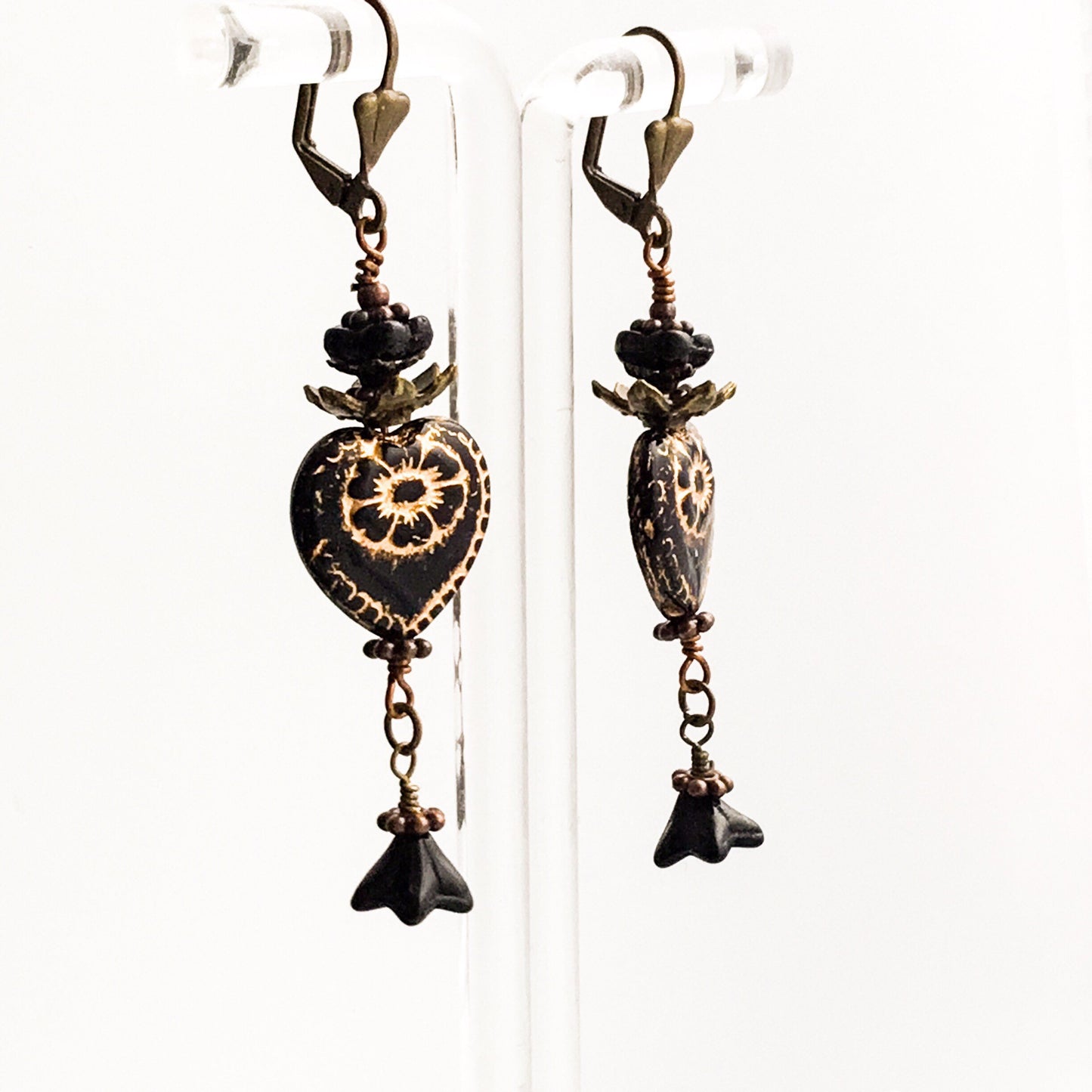 Victorian Valentine Earrings. Black Glass Heart & Flowers. Niobium or Clip-on Ear-wire Options - Darkmoon Fayre