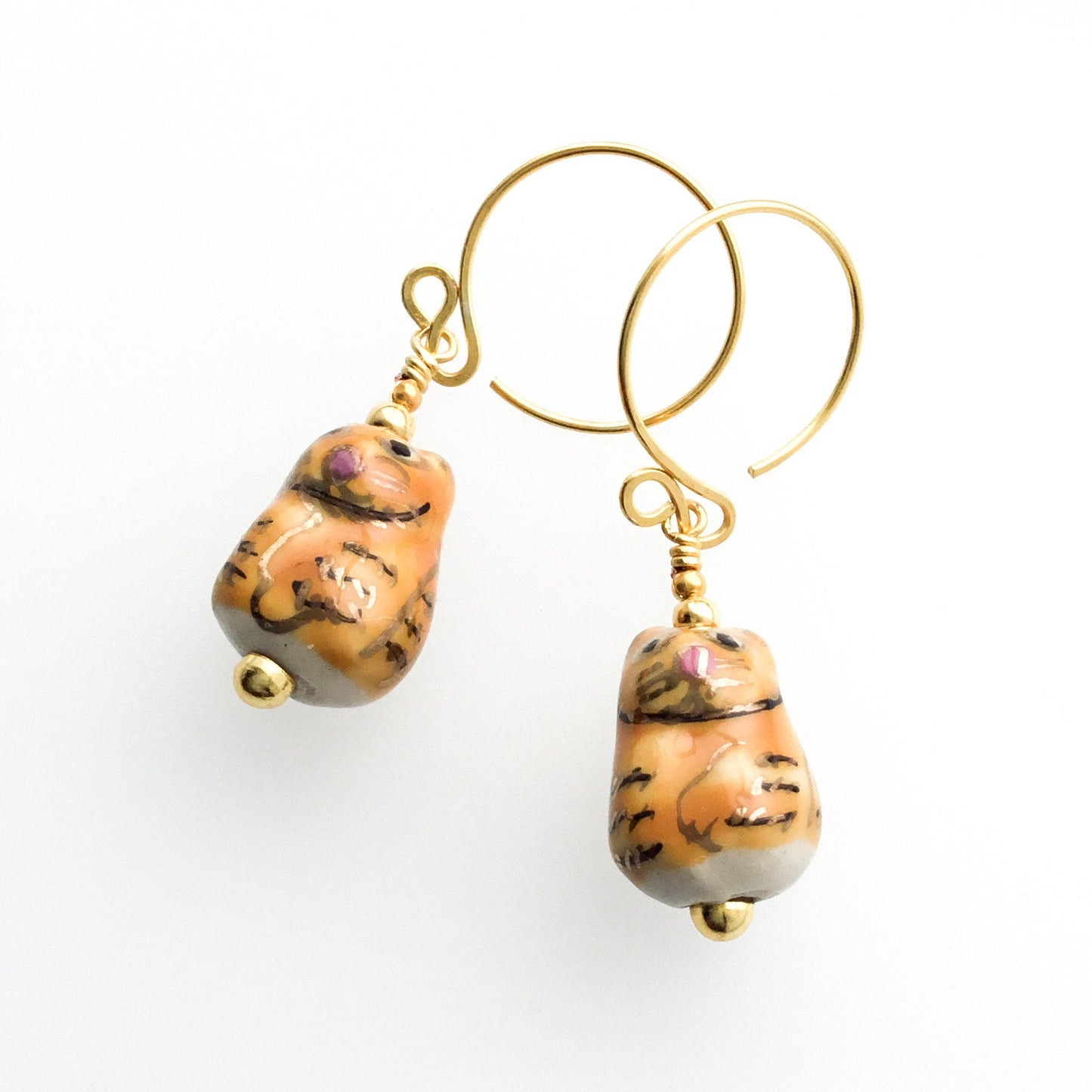 Ginger Tabby Cat Ceramic Earrings. Gold Plated Hand Forged Ear-Wires. Niobium Ear-wire Option - Darkmoon Fayre