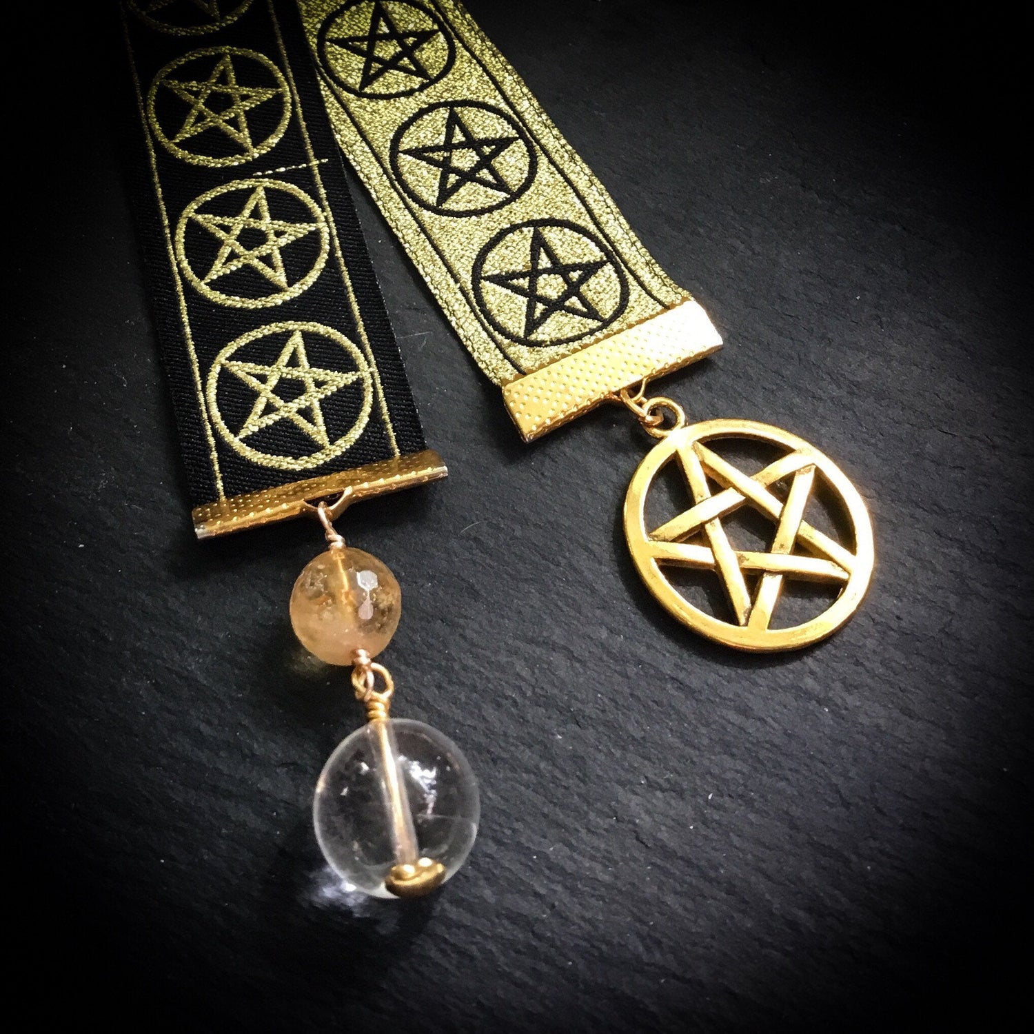 Book of Shadows Bookmark. Pentacle Weave Gold Jacquard Ribbon, Citrine, Quartz Crystal “Ball” - Darkmoon Fayre