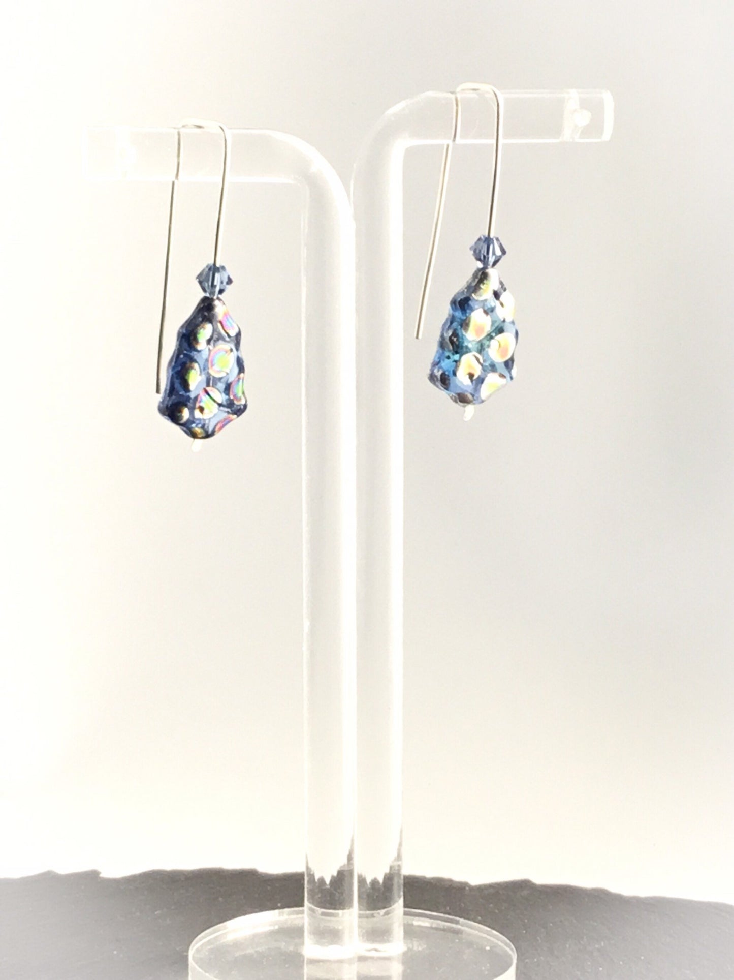 Christmas Tree Earrings. Blue Dichroic Glass, Swarovski Crystal. 925 Silver Hand Forged Ear-wires - Darkmoon Fayre