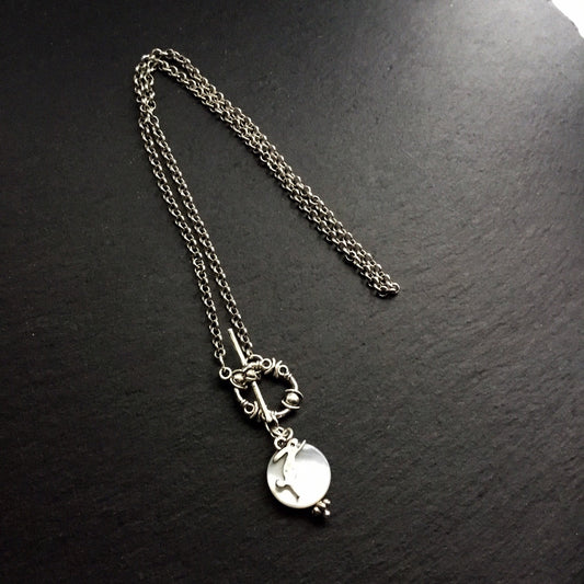Freyja Full Moon Leaping Hare Necklace. Tahitian Black Oyster Shell with Toggle Clasp. Custom Length - Darkmoon Fayre