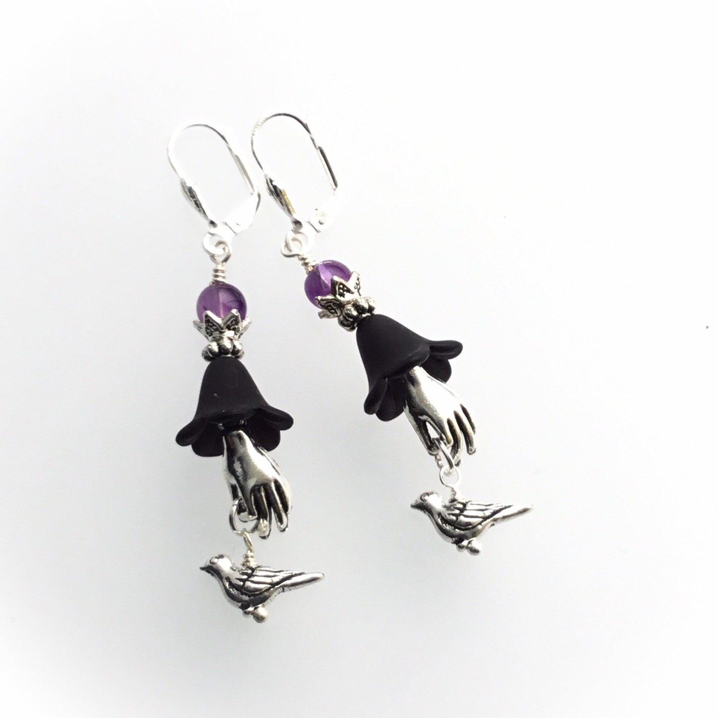 Paloma Bird In The Hand Earrings. Amethyst Beads. Silver Pewter. 925 & Titanium Ear-wire Options - Darkmoon Fayre