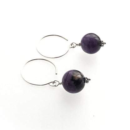 Charoite Hoop Earrings. All 925 Sterling Silver Hand Forged Ear-wires. Rare Natural Gemstone. - Darkmoon Fayre
