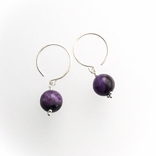 Charoite Hoop Earrings. All 925 Sterling Silver Hand Forged Ear-wires. Rare Natural Gemstone. - Darkmoon Fayre
