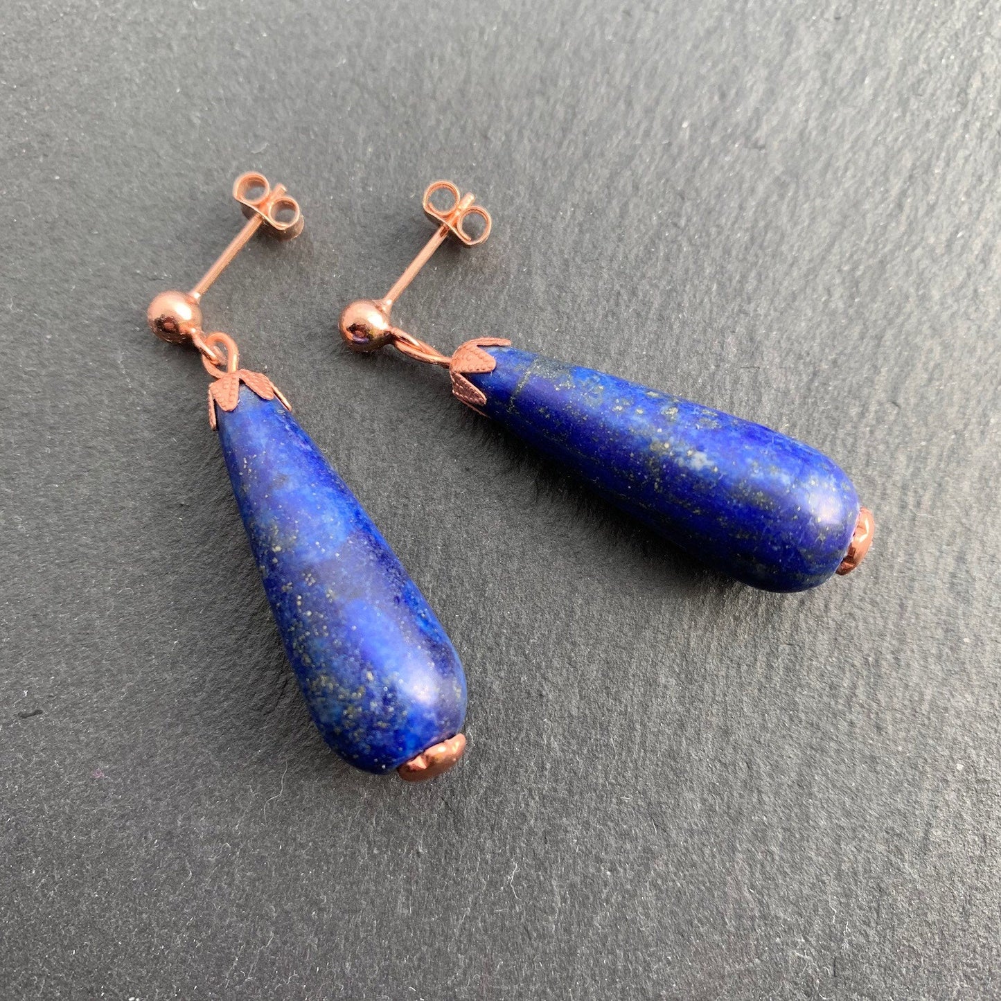 Lapis Lazuli Earrings. Classic Victorian Teardrop Style. 9ct Rose Gold Plated on 925 Sterling Silver - Darkmoon Fayre