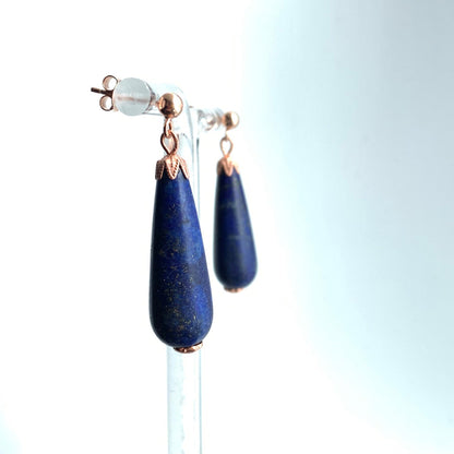 Lapis Lazuli Earrings. Classic Victorian Teardrop Style. 9ct Rose Gold Plated on 925 Sterling Silver - Darkmoon Fayre