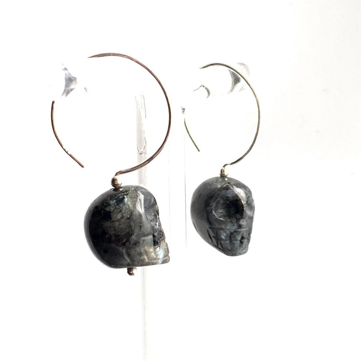 Legend of the Crystal Skull Hoop Earrings. Norwegian Larvikite. All 925 Sterling Silver. - Darkmoon Fayre