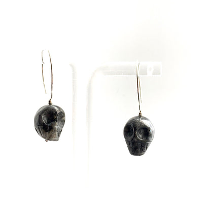 Legend of the Crystal Skull Hoop Earrings. Norwegian Larvikite. All 925 Sterling Silver. - Darkmoon Fayre